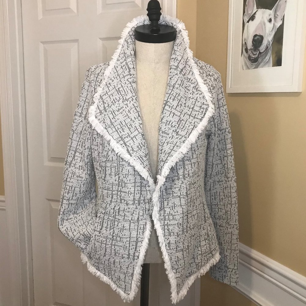 Black on White Tweed Blazer w/Fringe Sz M